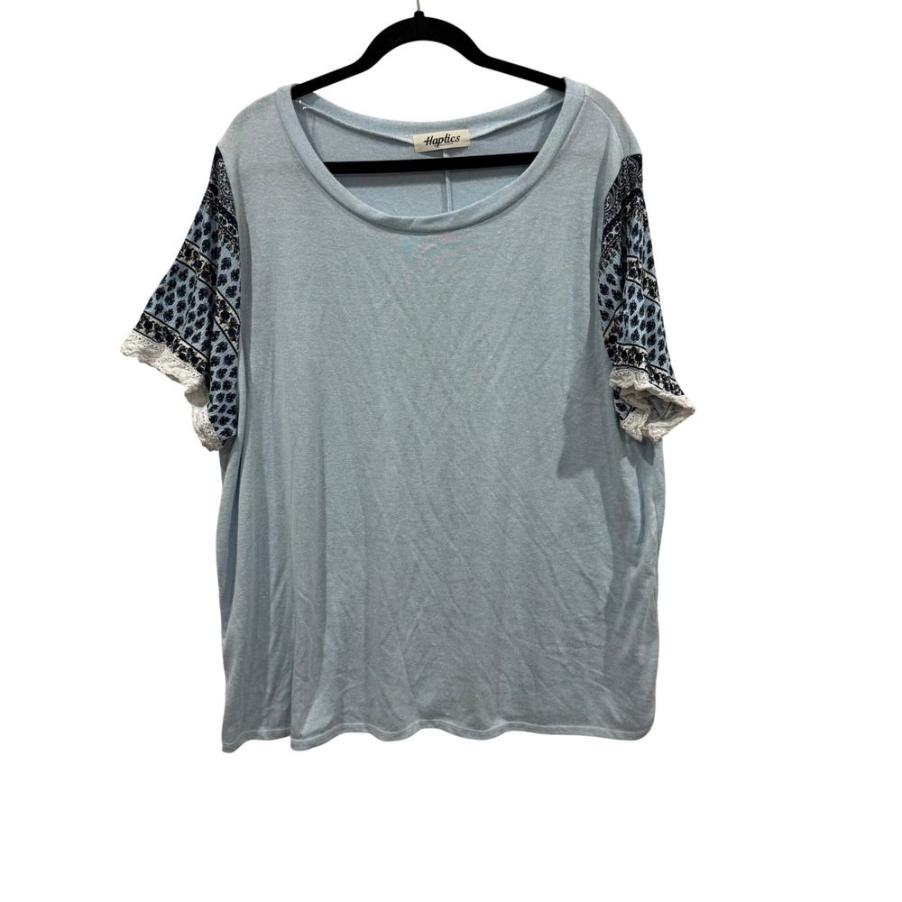 Haptics Holly Harper Blue Boho Print Lace Trim Short Sleeve Top 3X XHT1644A